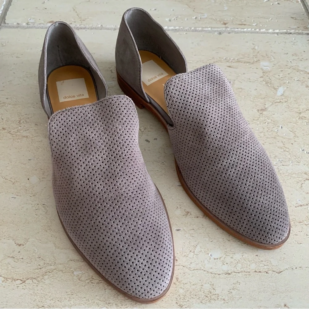 Dolce Vita Cody Grey Perforated Suede Flats Loafers Slip-on Shoes
